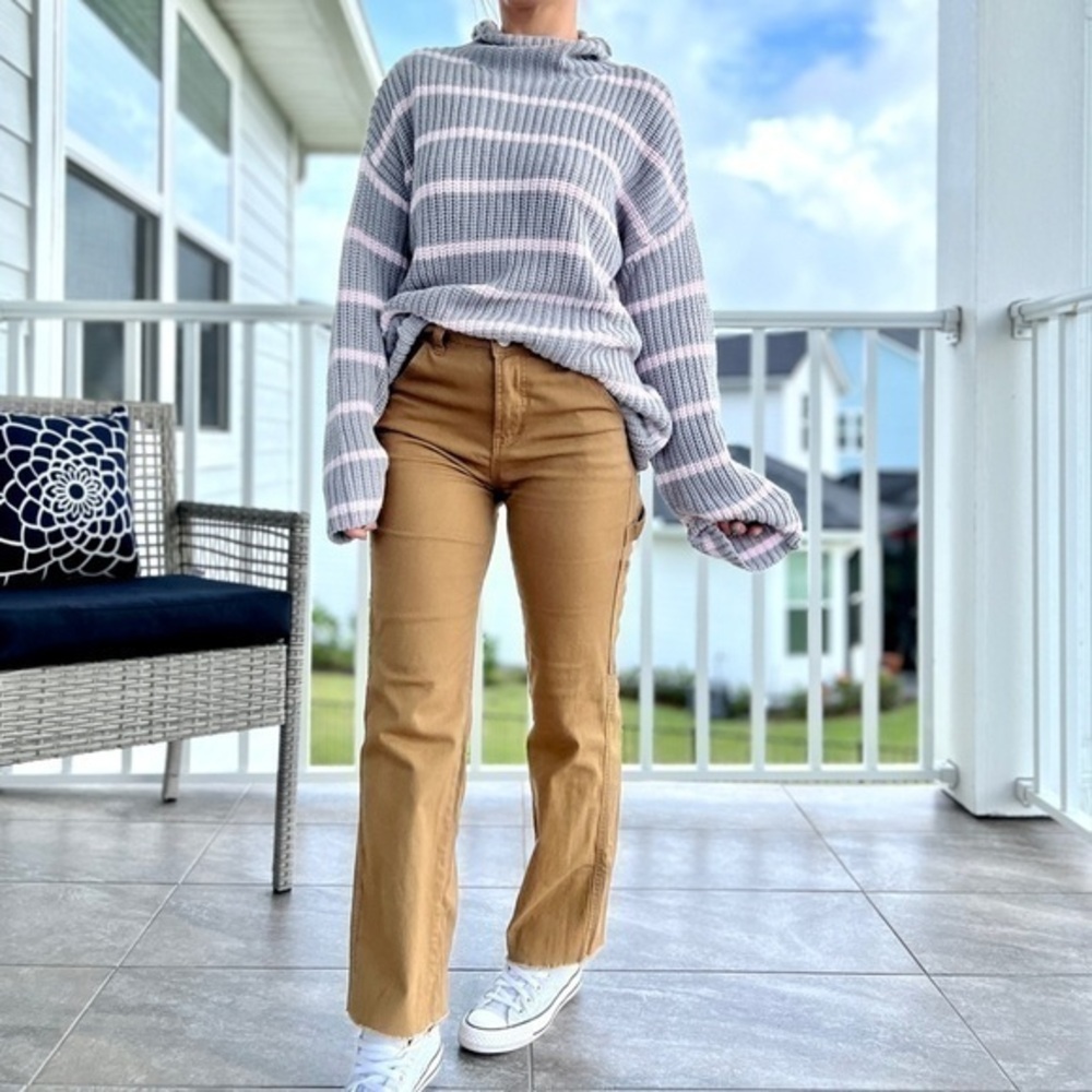Caslon NWOT Gray & Pink Stripe Chunky Oversized Knit Mock Neck Sweater Size XS